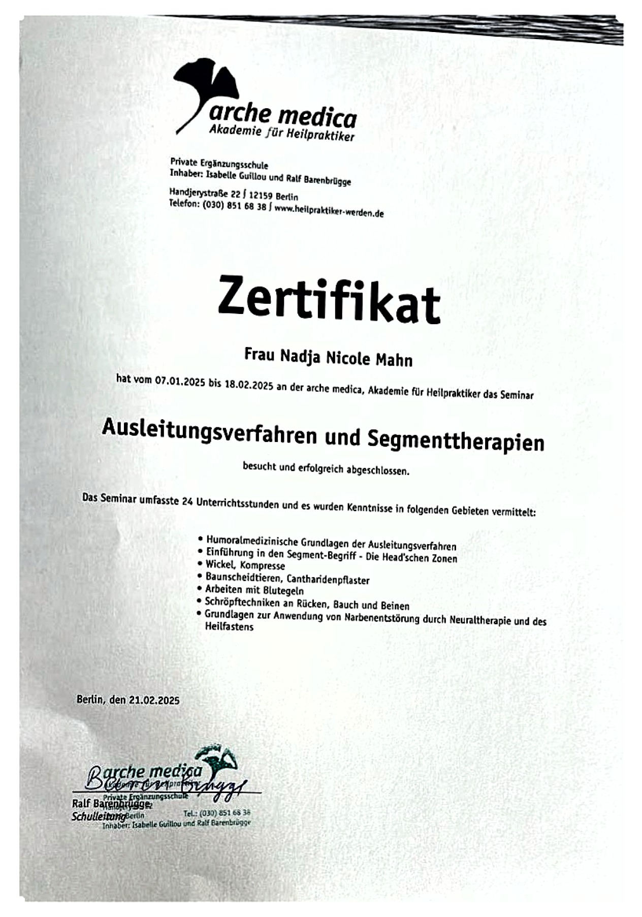 Zertifikat – Ausleitungsverfahren und Segmenttherapien (arche medica)