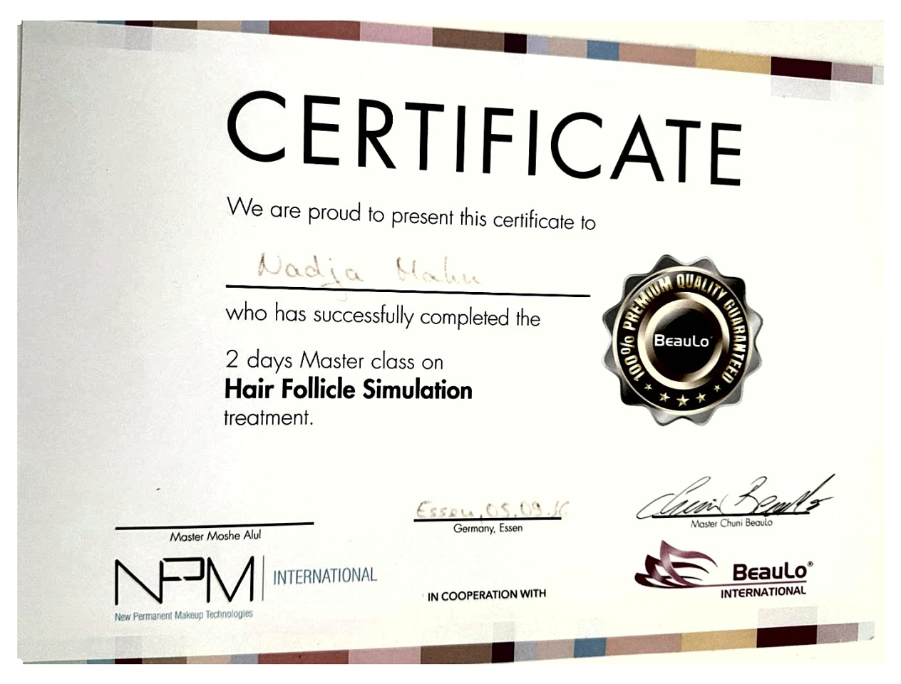 Certificate – Hair Follicle Simulation (BeauLo / NPM)