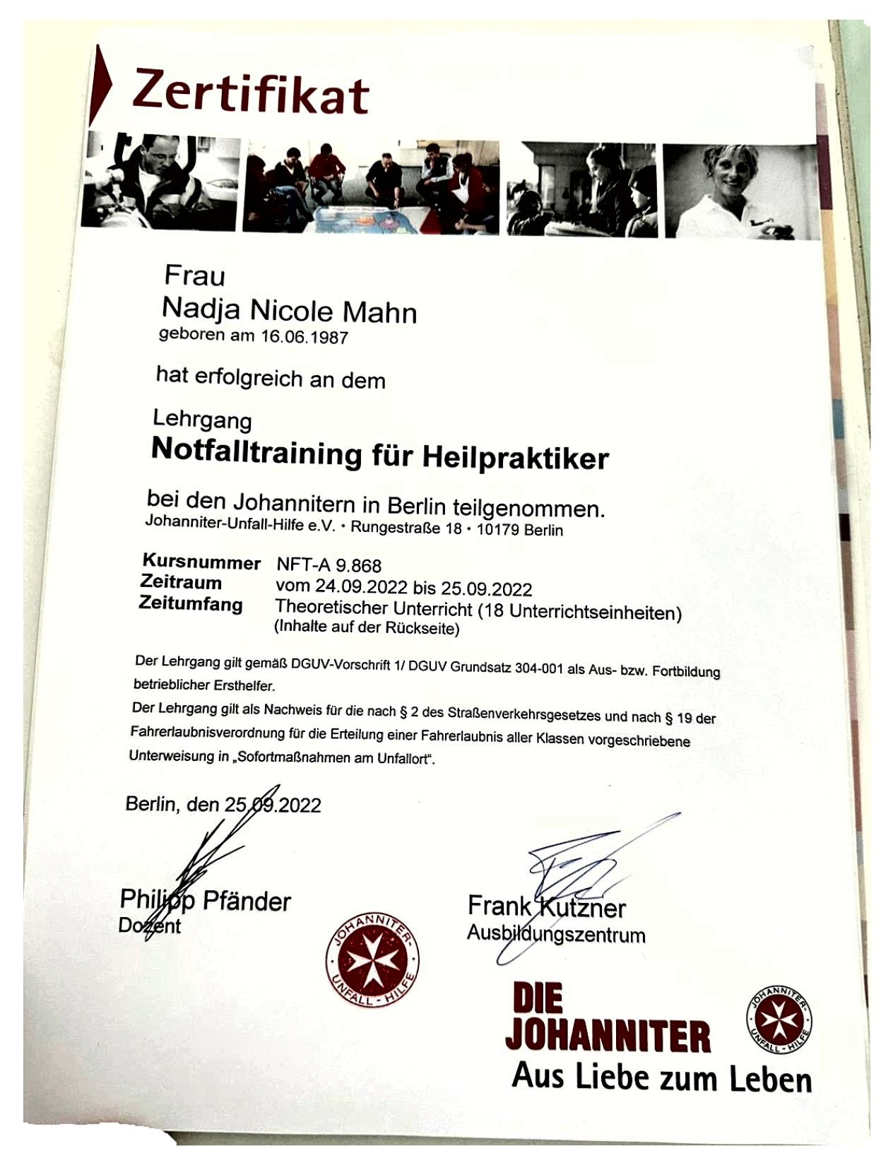 Zertifikat – Notfalltraining für Heilpraktiker (Die Johanniter)
