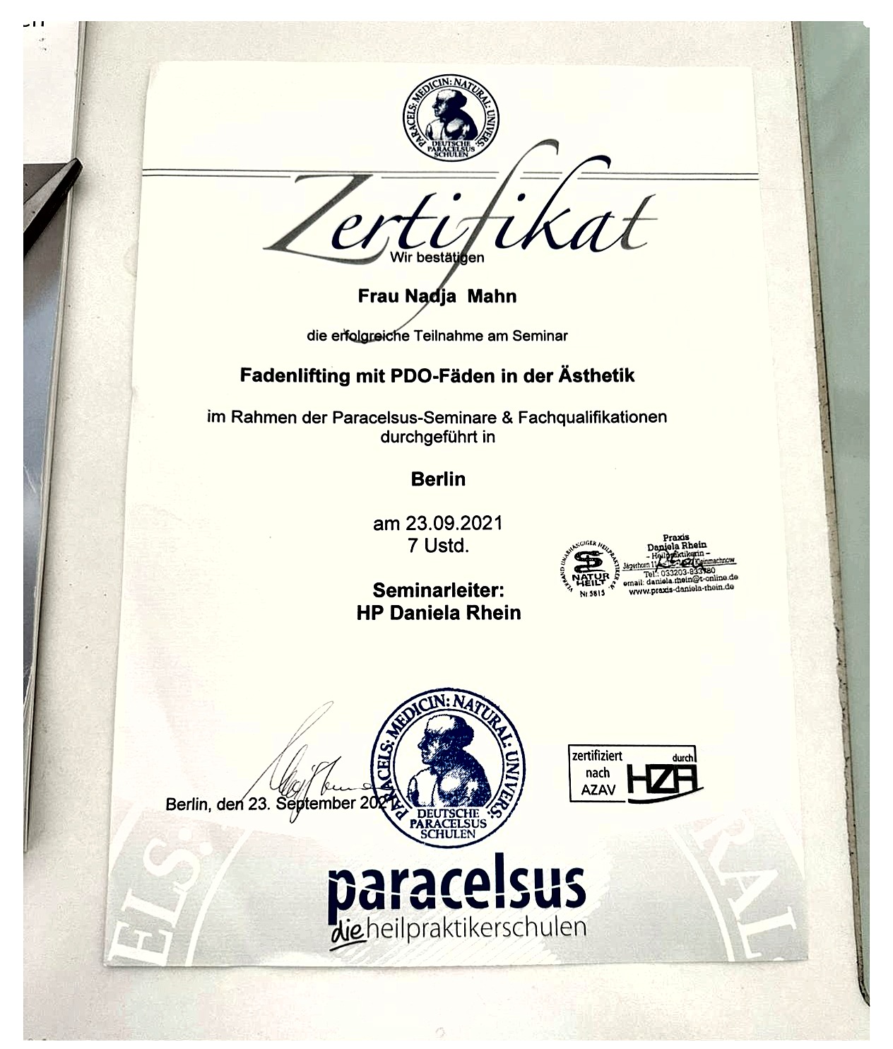 Zertifikat – Fadenlifting mit PDO-Fäden (Paracelsus Schulen)
