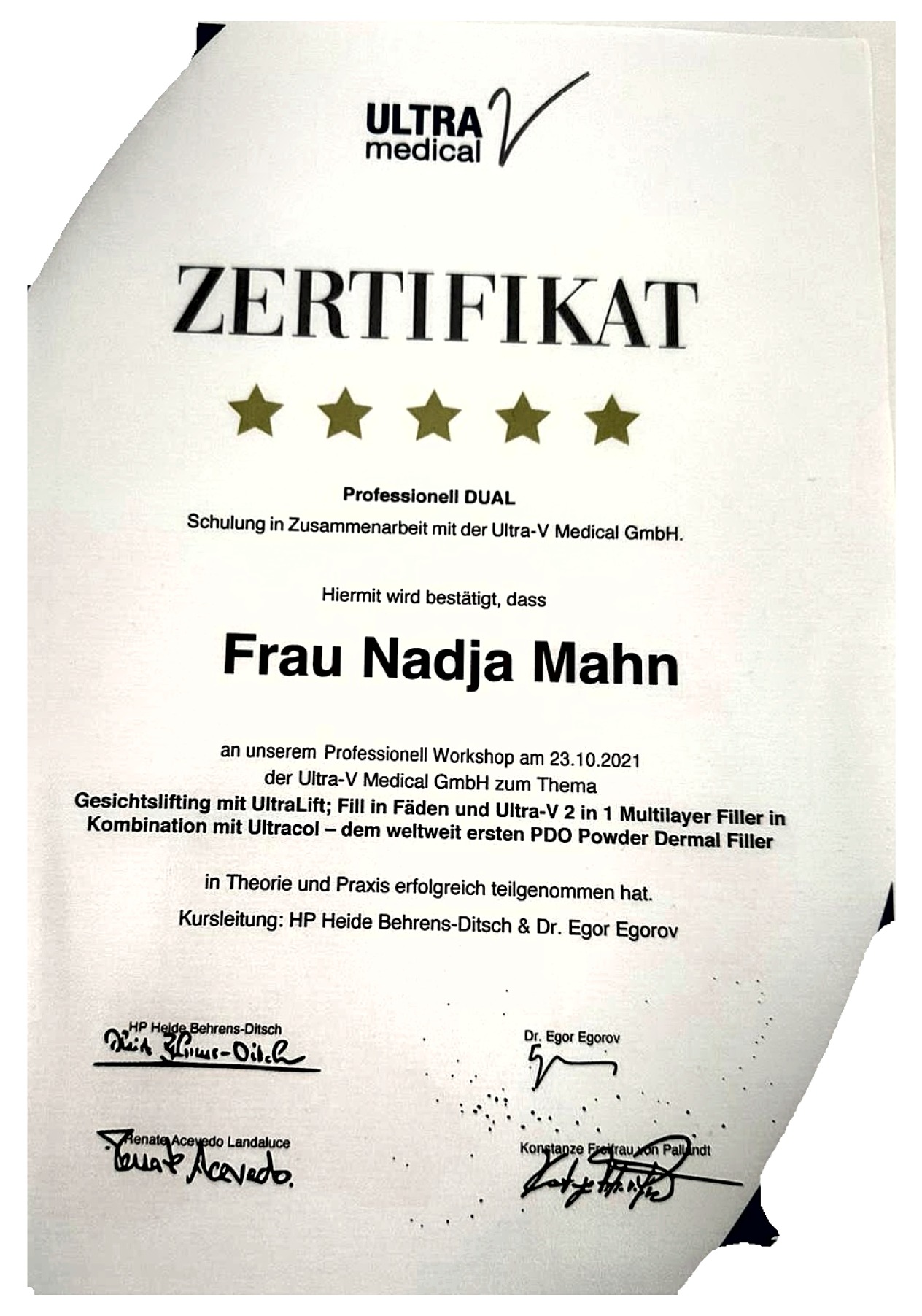Zertifikat – UltraLift & Ultra-V (Ultra-V Medical)