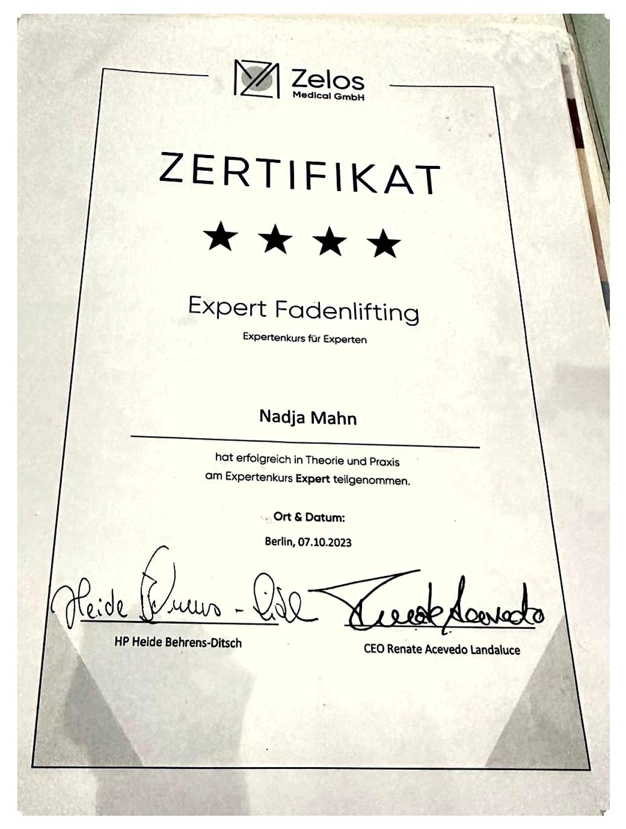 Zertifikat – Expert Fadenlifting (Zelos Medical)
